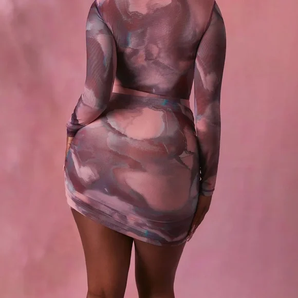 OH POLLY, High Neck Long Sleeve Mesh Bodysuit and skirt in Blush - Picture 11 of 11